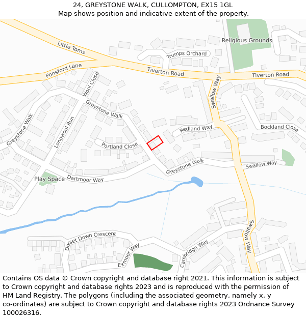 24, GREYSTONE WALK, CULLOMPTON, EX15 1GL: Location map and indicative extent of plot