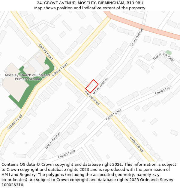 24, GROVE AVENUE, MOSELEY, BIRMINGHAM, B13 9RU: Location map and indicative extent of plot