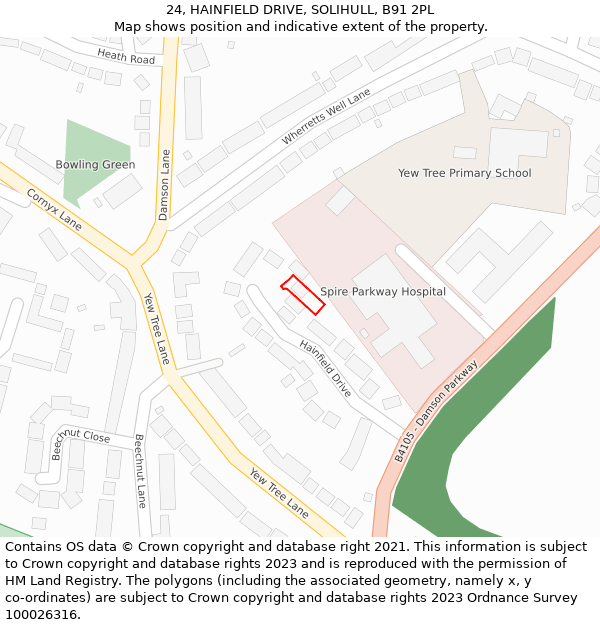 24, HAINFIELD DRIVE, SOLIHULL, B91 2PL: Location map and indicative extent of plot