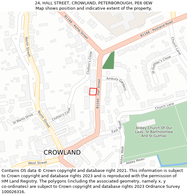 24, HALL STREET, CROWLAND, PETERBOROUGH, PE6 0EW: Location map and indicative extent of plot