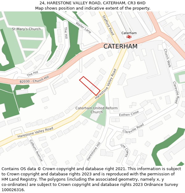 24, HARESTONE VALLEY ROAD, CATERHAM, CR3 6HD: Location map and indicative extent of plot