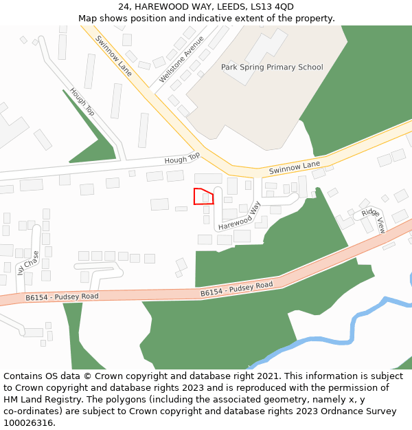 24, HAREWOOD WAY, LEEDS, LS13 4QD: Location map and indicative extent of plot