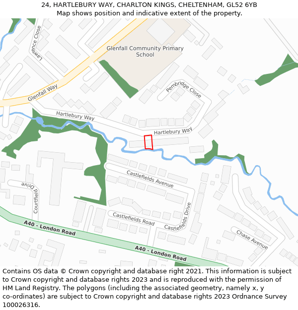 24, HARTLEBURY WAY, CHARLTON KINGS, CHELTENHAM, GL52 6YB: Location map and indicative extent of plot