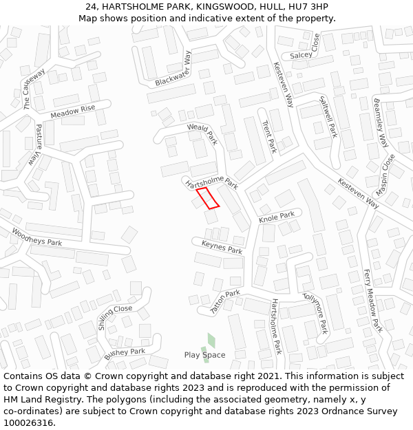 24, HARTSHOLME PARK, KINGSWOOD, HULL, HU7 3HP: Location map and indicative extent of plot