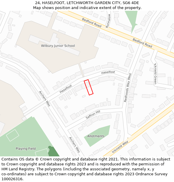 24, HASELFOOT, LETCHWORTH GARDEN CITY, SG6 4DE: Location map and indicative extent of plot