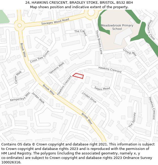 24, HAWKINS CRESCENT, BRADLEY STOKE, BRISTOL, BS32 8EH: Location map and indicative extent of plot
