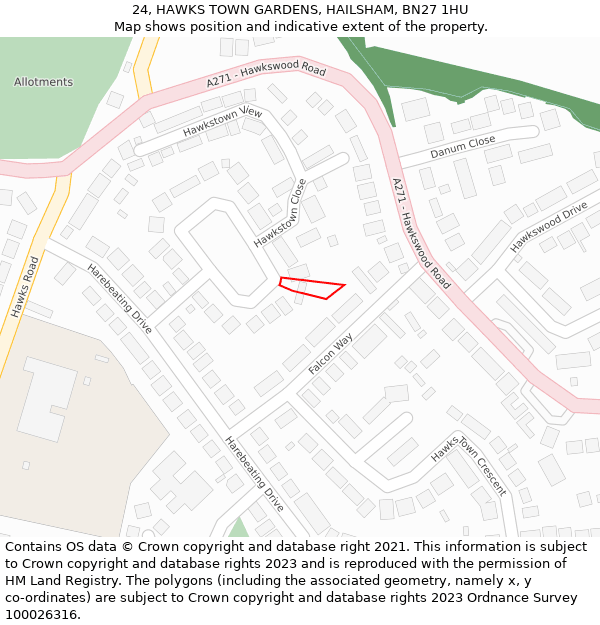 24, HAWKS TOWN GARDENS, HAILSHAM, BN27 1HU: Location map and indicative extent of plot