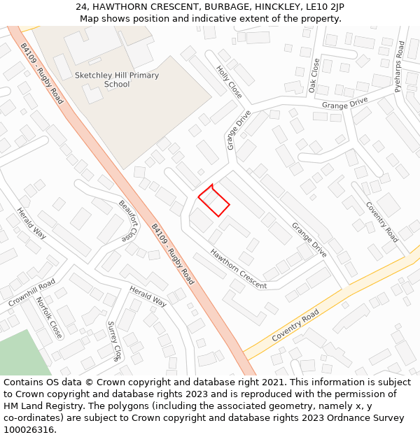 24, HAWTHORN CRESCENT, BURBAGE, HINCKLEY, LE10 2JP: Location map and indicative extent of plot