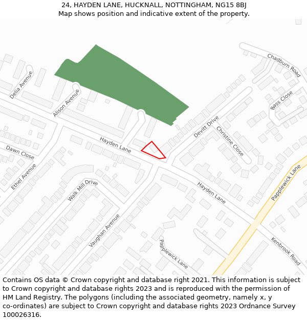 24, HAYDEN LANE, HUCKNALL, NOTTINGHAM, NG15 8BJ: Location map and indicative extent of plot