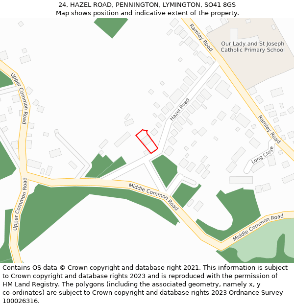 24, HAZEL ROAD, PENNINGTON, LYMINGTON, SO41 8GS: Location map and indicative extent of plot