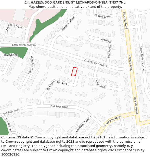 24, HAZELWOOD GARDENS, ST LEONARDS-ON-SEA, TN37 7HL: Location map and indicative extent of plot