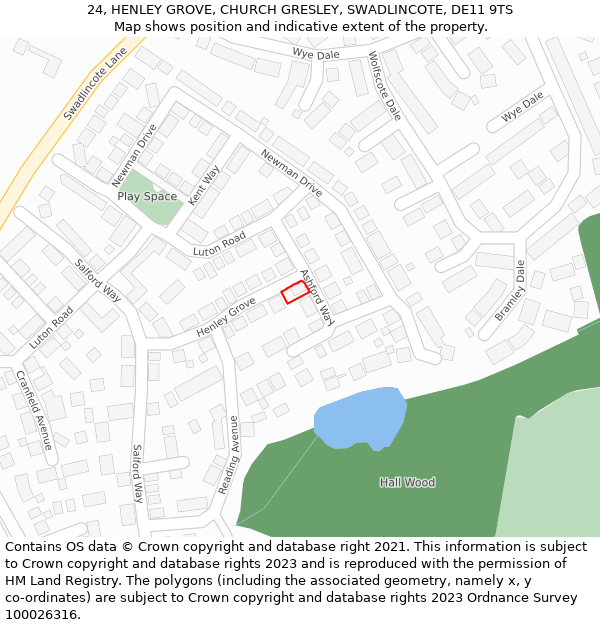 24, HENLEY GROVE, CHURCH GRESLEY, SWADLINCOTE, DE11 9TS: Location map and indicative extent of plot