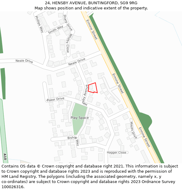 24, HENSBY AVENUE, BUNTINGFORD, SG9 9RG: Location map and indicative extent of plot