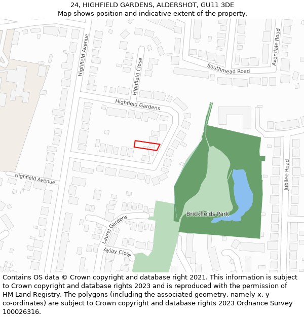 24, HIGHFIELD GARDENS, ALDERSHOT, GU11 3DE: Location map and indicative extent of plot