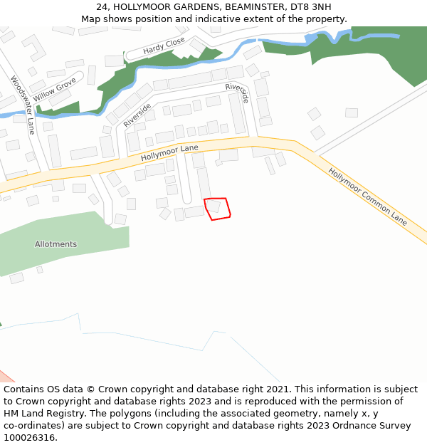 24, HOLLYMOOR GARDENS, BEAMINSTER, DT8 3NH: Location map and indicative extent of plot