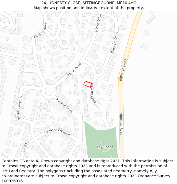 24, HONESTY CLOSE, SITTINGBOURNE, ME10 4AG: Location map and indicative extent of plot