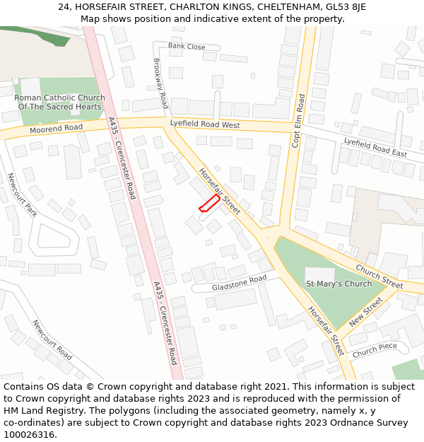 24, HORSEFAIR STREET, CHARLTON KINGS, CHELTENHAM, GL53 8JE: Location map and indicative extent of plot