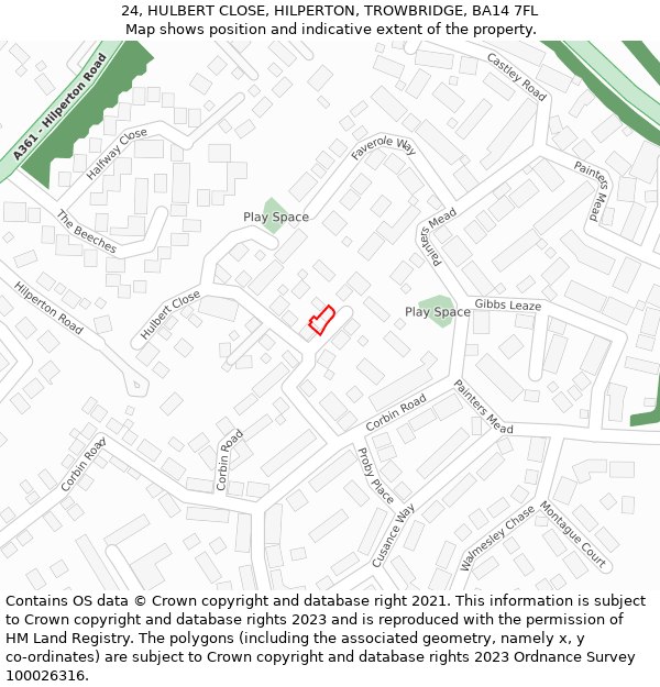 24, HULBERT CLOSE, HILPERTON, TROWBRIDGE, BA14 7FL: Location map and indicative extent of plot