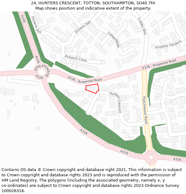 24, HUNTERS CRESCENT, TOTTON, SOUTHAMPTON, SO40 7FA: Location map and indicative extent of plot