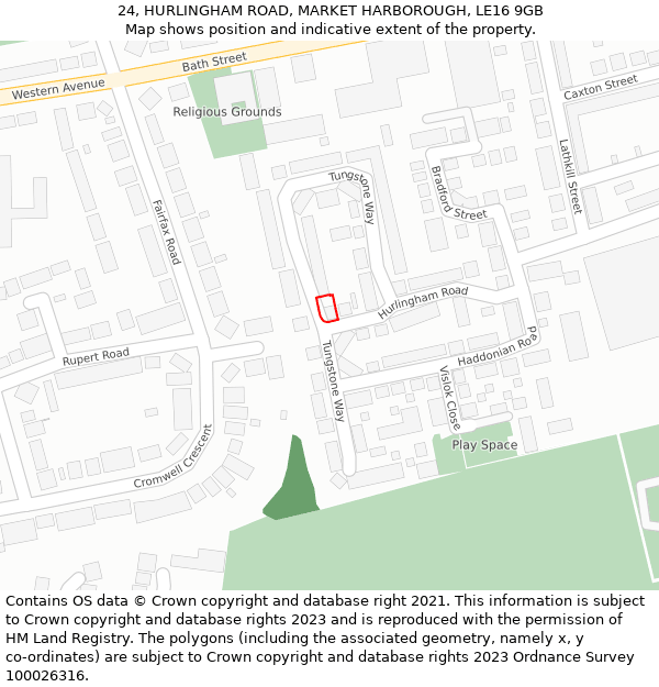 24, HURLINGHAM ROAD, MARKET HARBOROUGH, LE16 9GB: Location map and indicative extent of plot