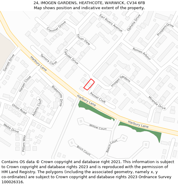 24, IMOGEN GARDENS, HEATHCOTE, WARWICK, CV34 6FB: Location map and indicative extent of plot