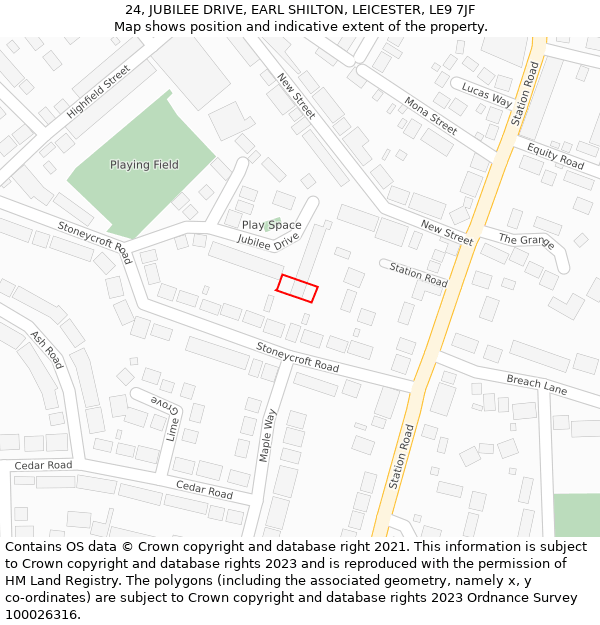 24, JUBILEE DRIVE, EARL SHILTON, LEICESTER, LE9 7JF: Location map and indicative extent of plot