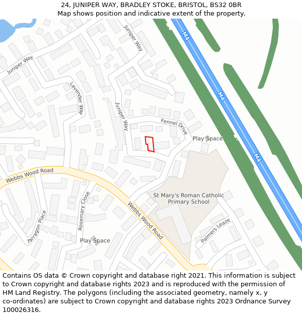 24, JUNIPER WAY, BRADLEY STOKE, BRISTOL, BS32 0BR: Location map and indicative extent of plot