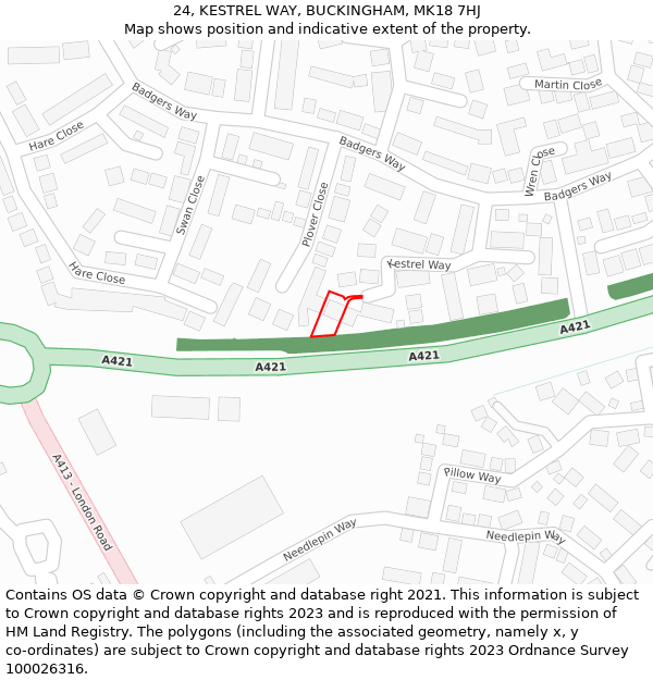 24, KESTREL WAY, BUCKINGHAM, MK18 7HJ: Location map and indicative extent of plot