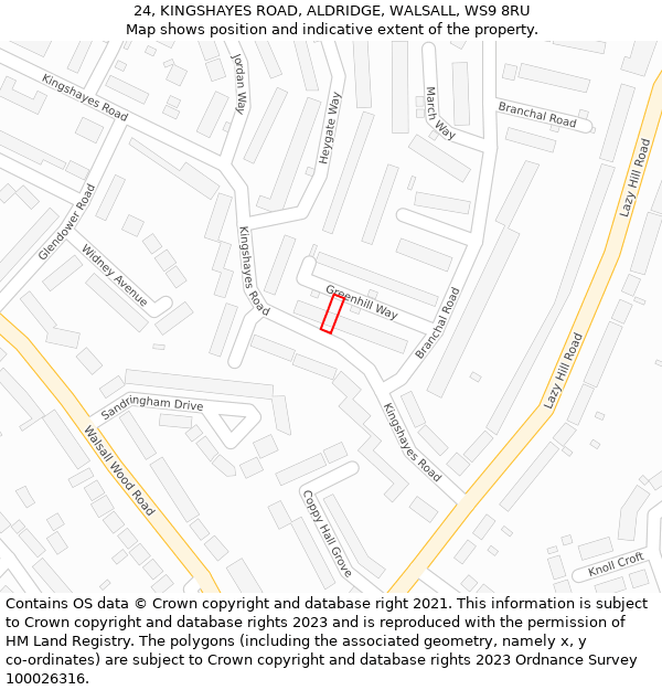 24, KINGSHAYES ROAD, ALDRIDGE, WALSALL, WS9 8RU: Location map and indicative extent of plot