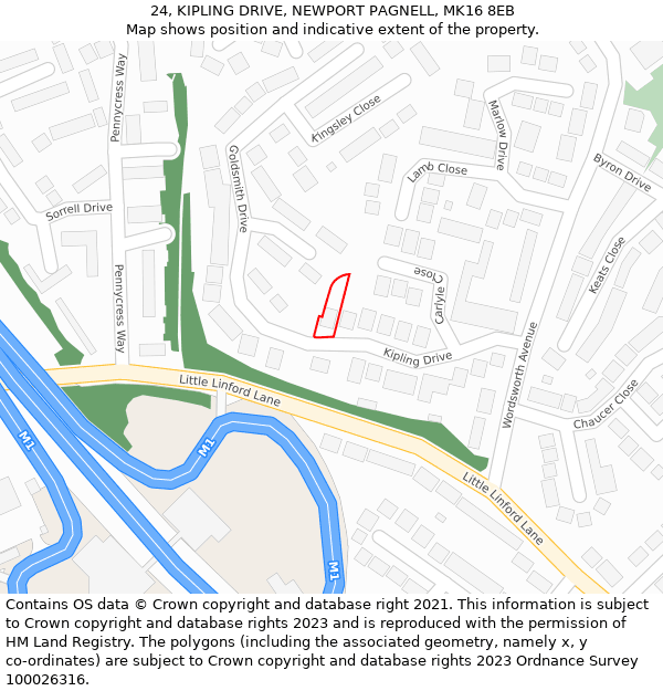 24, KIPLING DRIVE, NEWPORT PAGNELL, MK16 8EB: Location map and indicative extent of plot