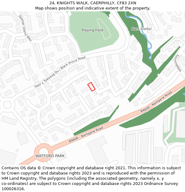 24, KNIGHTS WALK, CAERPHILLY, CF83 2XN: Location map and indicative extent of plot