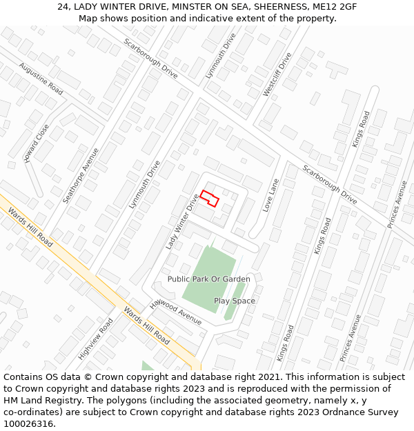 24, LADY WINTER DRIVE, MINSTER ON SEA, SHEERNESS, ME12 2GF: Location map and indicative extent of plot