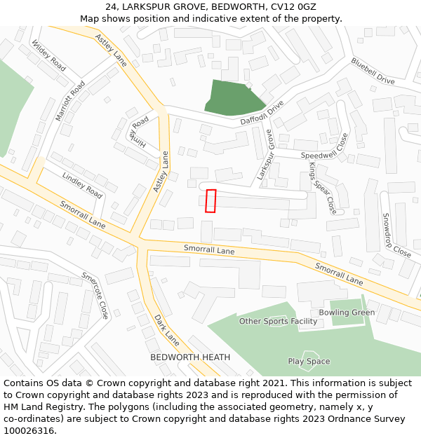 24, LARKSPUR GROVE, BEDWORTH, CV12 0GZ: Location map and indicative extent of plot