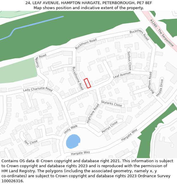 24, LEAF AVENUE, HAMPTON HARGATE, PETERBOROUGH, PE7 8EF: Location map and indicative extent of plot