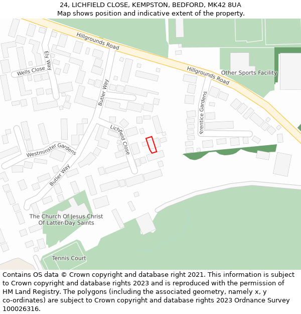 24, LICHFIELD CLOSE, KEMPSTON, BEDFORD, MK42 8UA: Location map and indicative extent of plot