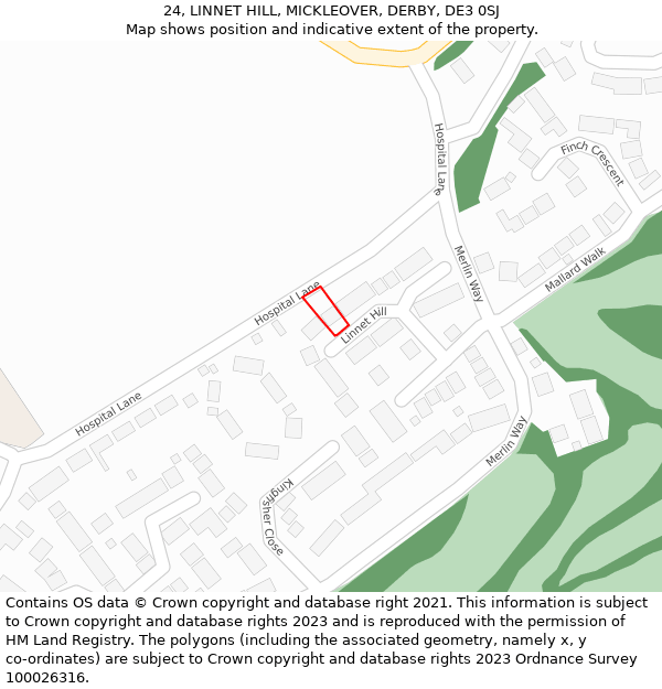 24, LINNET HILL, MICKLEOVER, DERBY, DE3 0SJ: Location map and indicative extent of plot