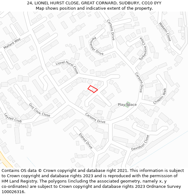 24, LIONEL HURST CLOSE, GREAT CORNARD, SUDBURY, CO10 0YY: Location map and indicative extent of plot