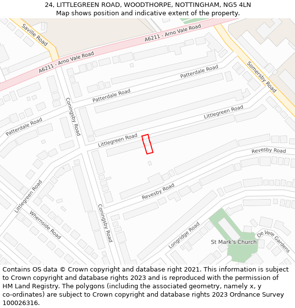 24, LITTLEGREEN ROAD, WOODTHORPE, NOTTINGHAM, NG5 4LN: Location map and indicative extent of plot