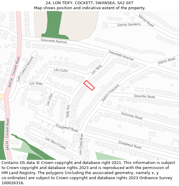 24, LON TEIFY, COCKETT, SWANSEA, SA2 0XT: Location map and indicative extent of plot