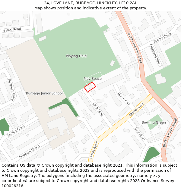 24, LOVE LANE, BURBAGE, HINCKLEY, LE10 2AL: Location map and indicative extent of plot