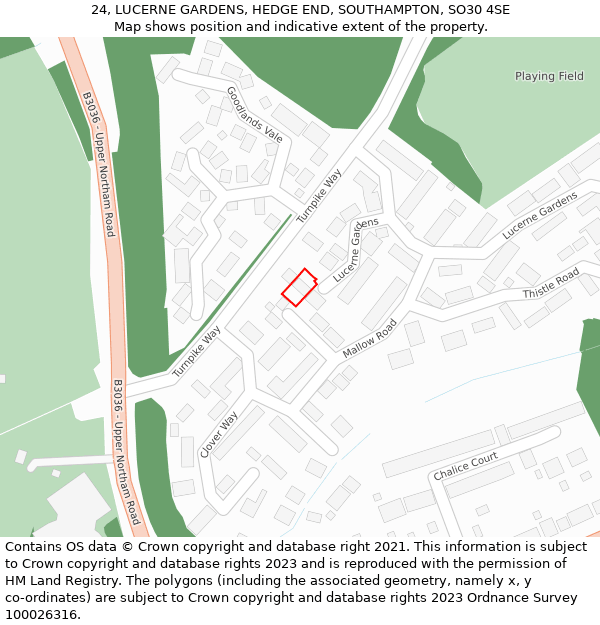 24, LUCERNE GARDENS, HEDGE END, SOUTHAMPTON, SO30 4SE: Location map and indicative extent of plot