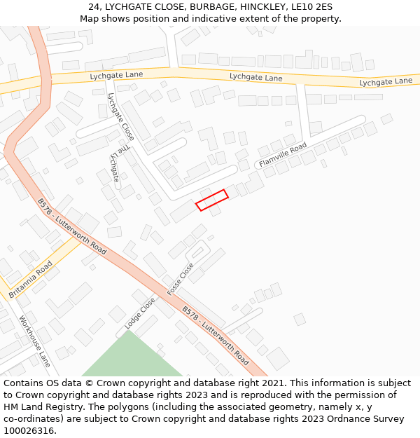 24, LYCHGATE CLOSE, BURBAGE, HINCKLEY, LE10 2ES: Location map and indicative extent of plot