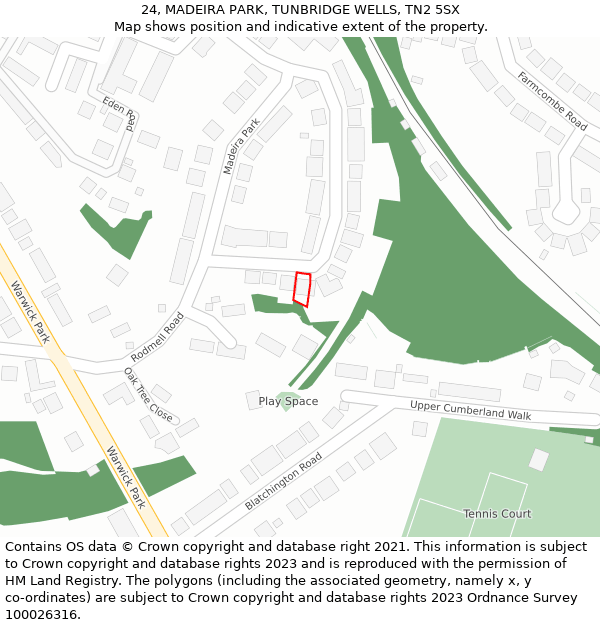 24, MADEIRA PARK, TUNBRIDGE WELLS, TN2 5SX: Location map and indicative extent of plot