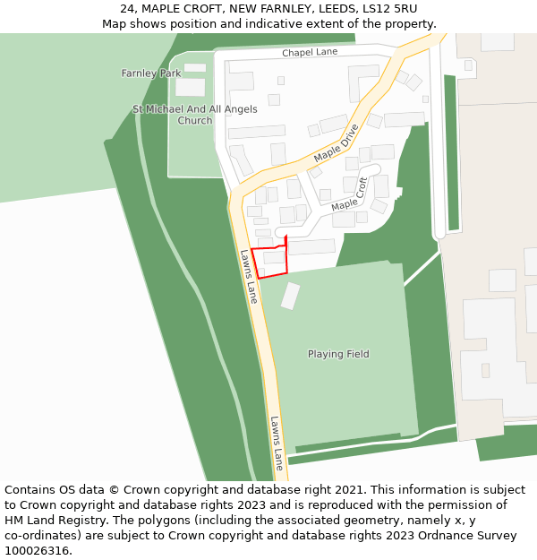 24, MAPLE CROFT, NEW FARNLEY, LEEDS, LS12 5RU: Location map and indicative extent of plot