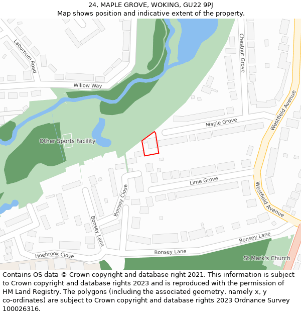 24, MAPLE GROVE, WOKING, GU22 9PJ: Location map and indicative extent of plot