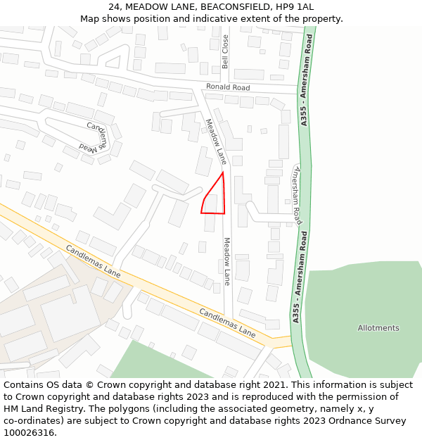 24, MEADOW LANE, BEACONSFIELD, HP9 1AL: Location map and indicative extent of plot