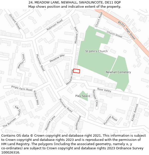 24, MEADOW LANE, NEWHALL, SWADLINCOTE, DE11 0QP: Location map and indicative extent of plot