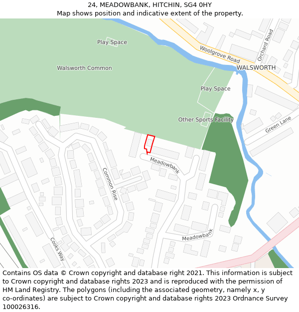 24, MEADOWBANK, HITCHIN, SG4 0HY: Location map and indicative extent of plot