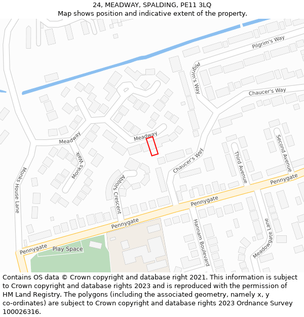 24, MEADWAY, SPALDING, PE11 3LQ: Location map and indicative extent of plot