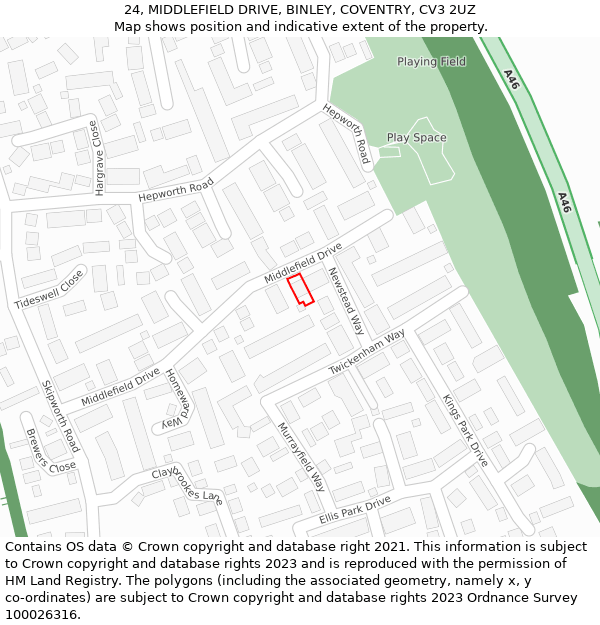 24, MIDDLEFIELD DRIVE, BINLEY, COVENTRY, CV3 2UZ: Location map and indicative extent of plot